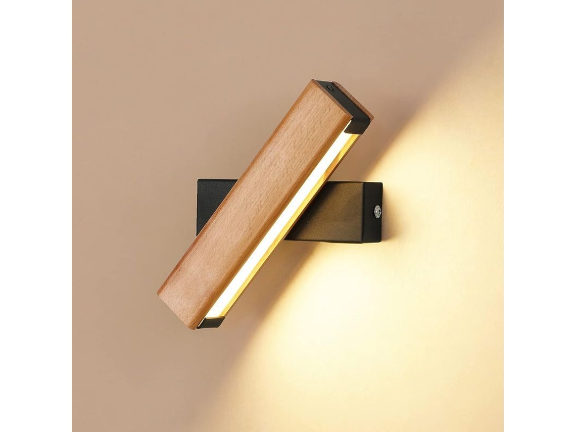 Lámpara de pared LED para interiores, diseño de madera, 4W, 400lm, luz cálida de 3000K, rotación de 360°, para dormitorio y sala de estar.