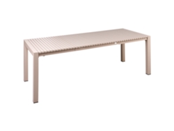 Mesa de comedor de jardín extensible Ardesio de 160/220 cm y 90 cm de diámetro, de metal color arena.
