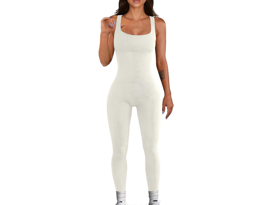 Mono ajustado sin mangas para mujer, mono de yoga acanalado, mono de una pieza sin mangas, mono de ejercicio Rosewell blanco XL