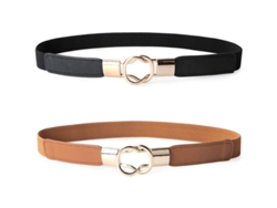 Paquete De 2 Cinturones De Cuero Finos De Moda Para Mujer Con Hebilla De Metal Dorado, Elásticos, Color Negro/marrón.