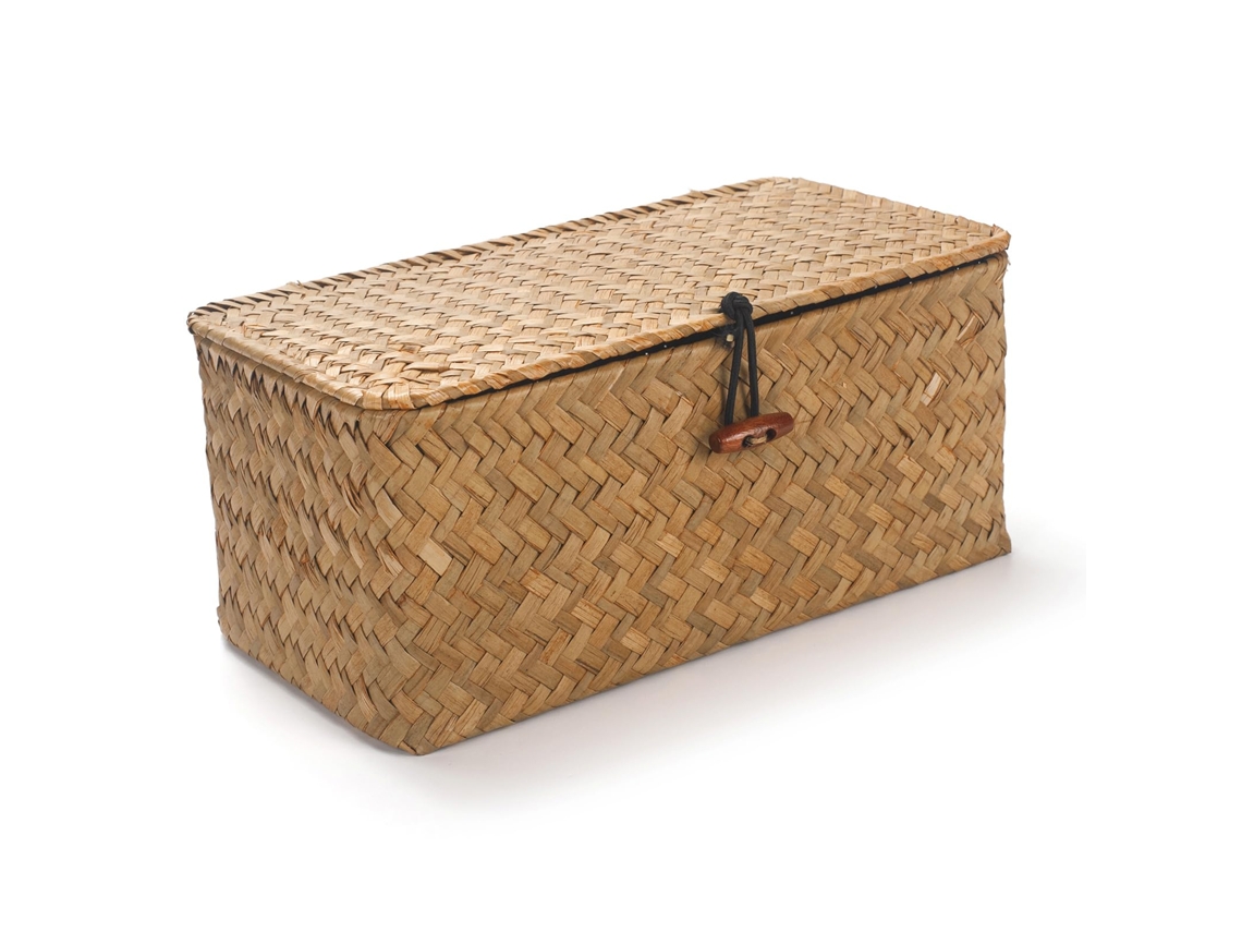 Cesta Pequeña De Junco Trenzado Rectangular Con Tapa, Color Natural. Medidas 28×17,5×9,5 Cm, 1 Unidad, Para Almacenamiento Doméstico.