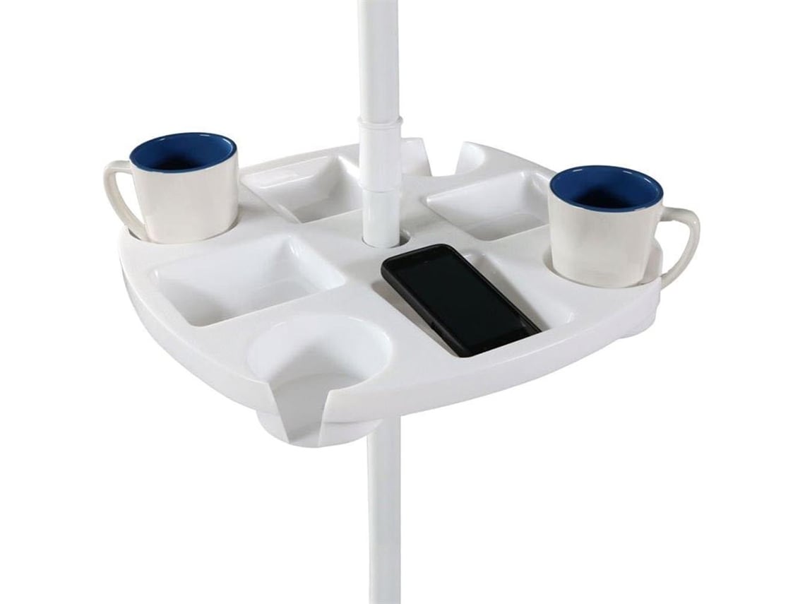 Mesa Auxiliar Con Sombrilla De Playa, 4 Portavasos Y Compartimentos Para Aperitivos, Fabricada En Plástico Pp Blanco.