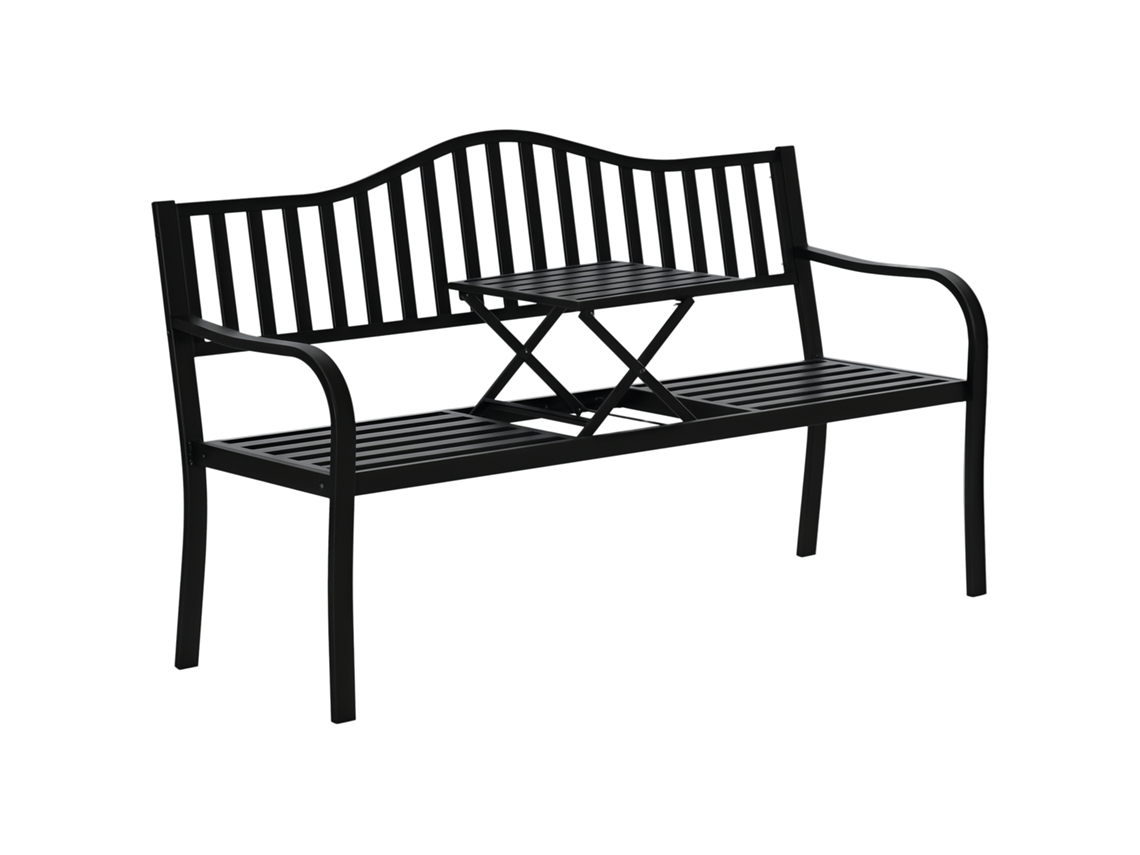 Banco de jardín con 2 plazas y mesa extensible, capacidad de 240 kg, 150 x 58,5 x 90 cm, negro.