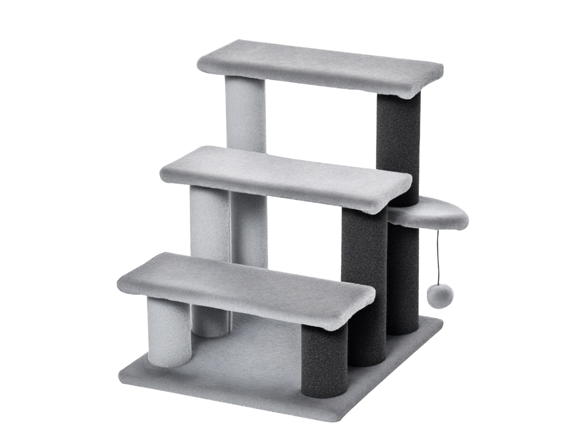 Escalera para mascotas con 3 peldaños, rascador y pelota para gatos, gris, 45x40x48cm