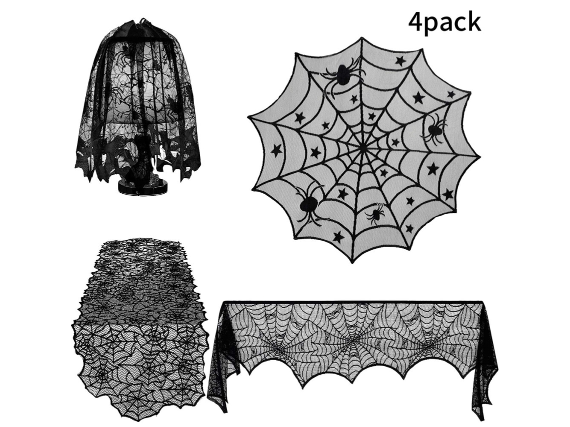 4 Piezas De Mantel De Halloween Con Telaraña Y Murciélago, Funda Para Lámpara, Decoración Festiva De Poliéster
