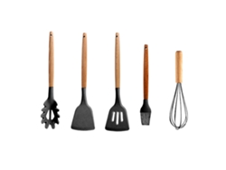 Juego De Utensilios De Cocina De Silicona Con Mango De Madera - Negro JEIIBRZUI