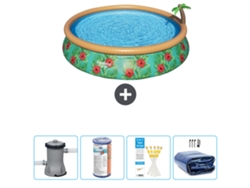 Piscina Hinchable Redonda Fast Set BESTWAY - Estampado Paraíso - 457 x 84 cm - Bomba Incluida Filtrar - Tiras de prueba - Vela solar