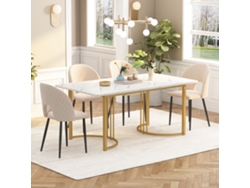 Mesa De Comedor 140x80 Cm Con Patas Ajustables - Estructura De Metal - Chapa De Mármol - Blanco Y Oro