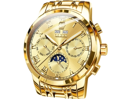VEANXIN Reloj mecánico automático para hombre, de acero inoxidable, con fase lunar, resistente al agua, luminoso, con calendario(oro)