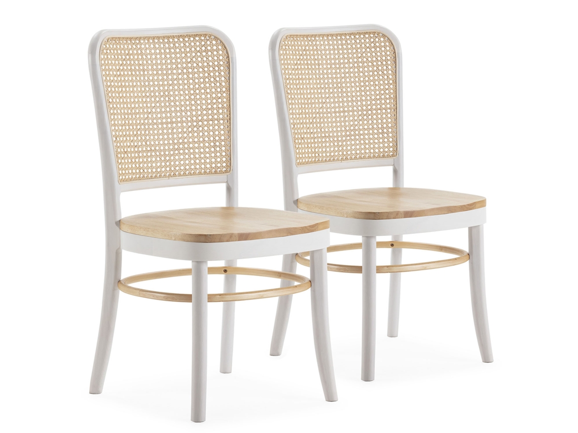 Conjunto de 2 Cadeiras Vesta Cor Branco/Carvalho Madeira Sólida e Rattan Natural VS VENTA-STOCK 45 x 51 x 88