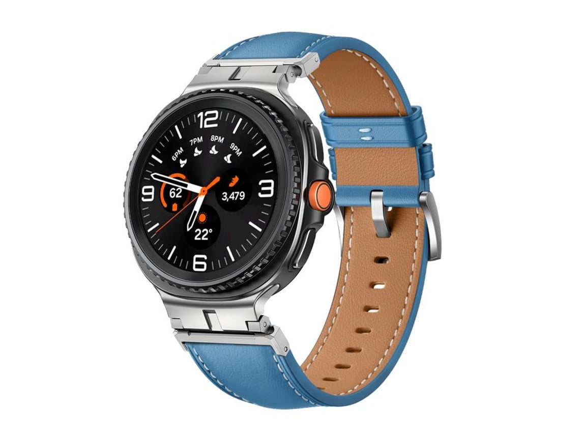 Bracelete Para Samsung Galaxy Watch 8 / 8 Classic - Couro Genuíno Com Conector De Cabeça De Metal Clássico - Azul E Prata