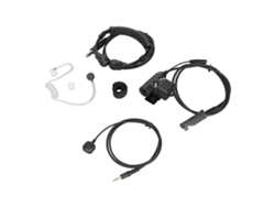 Auriculares con control de cuello retráctil y PTT en el micrófono de dedo.