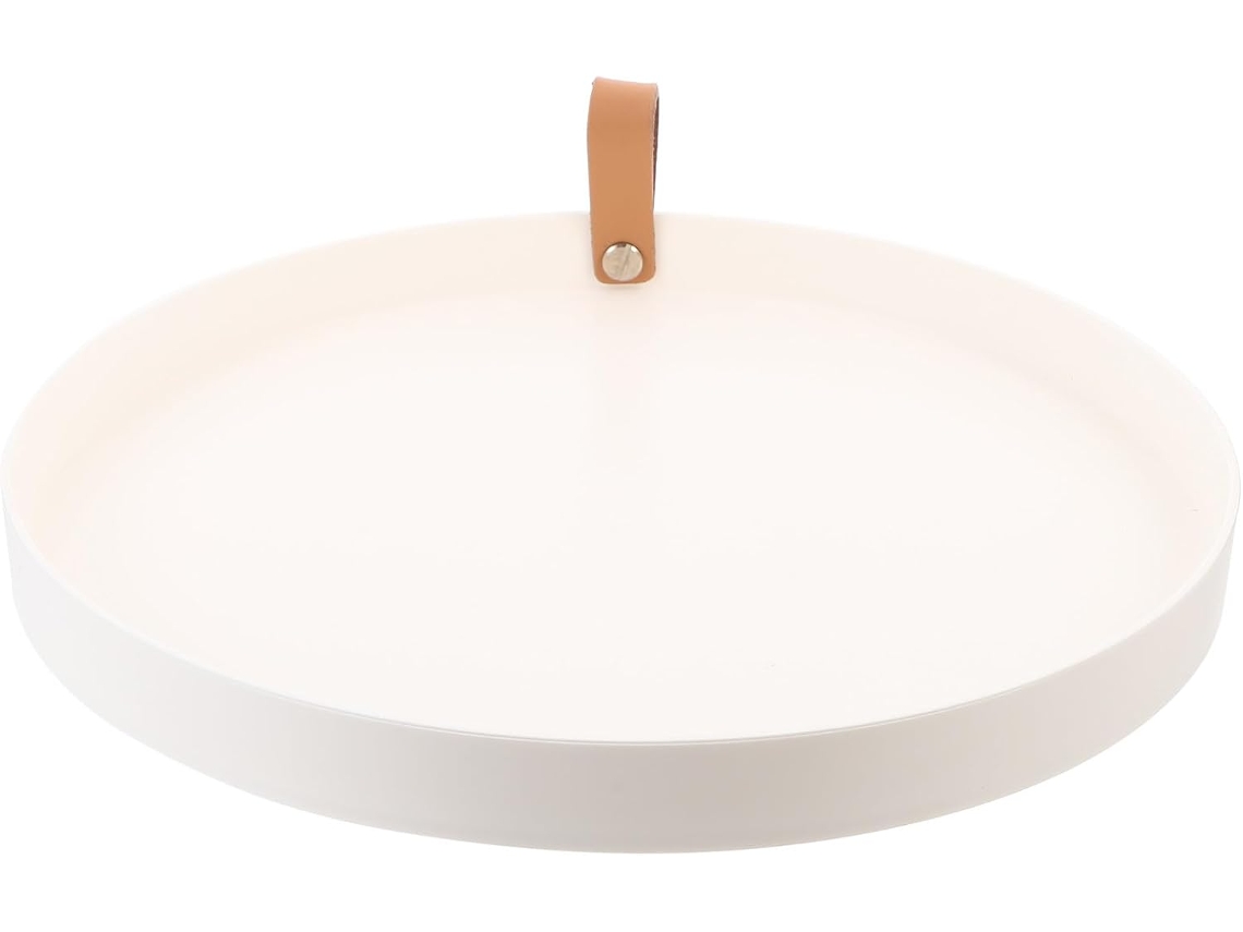 Bandeja Almacenamiento Redonda Multifunción Pu Mango Blanco Tocador Compacta Cosméticos Joyas Accesorio