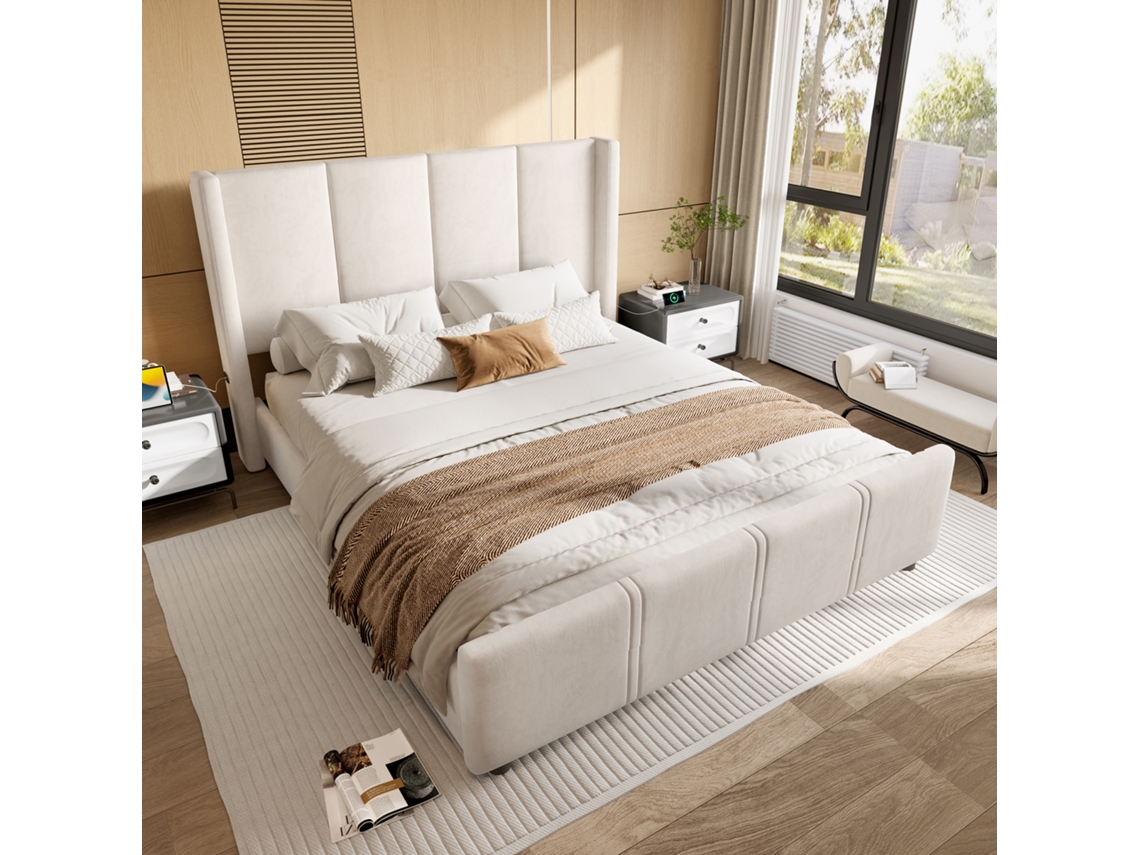 Cama Tapizada Beige De 140x200 Cm Con Cabecero Alto, Usb, Metal Y Madera, Estilo Moderno.