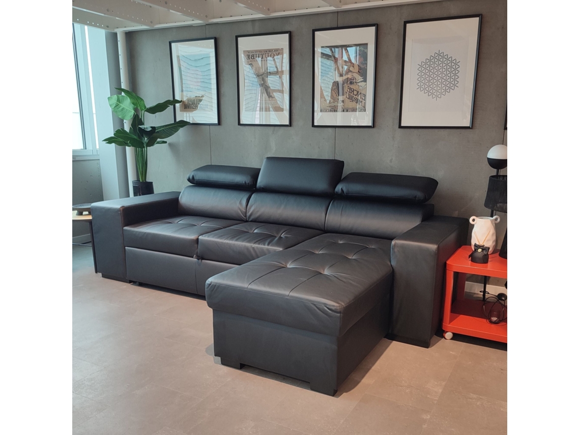 Sofá Cama 3 Plazas BUDWING John Negro + Chaise Longue + Cabecero Ajustable + 2 Pufs (263 x 127 x 96 cm - Reversible Lado Derecho/Izquierdo)