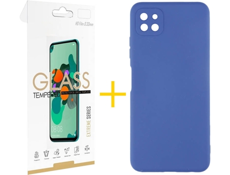 Funda y Protector de Vidrio 1x Samsung Galaxy A22 5G SKYHE Silicona Líquida Azul