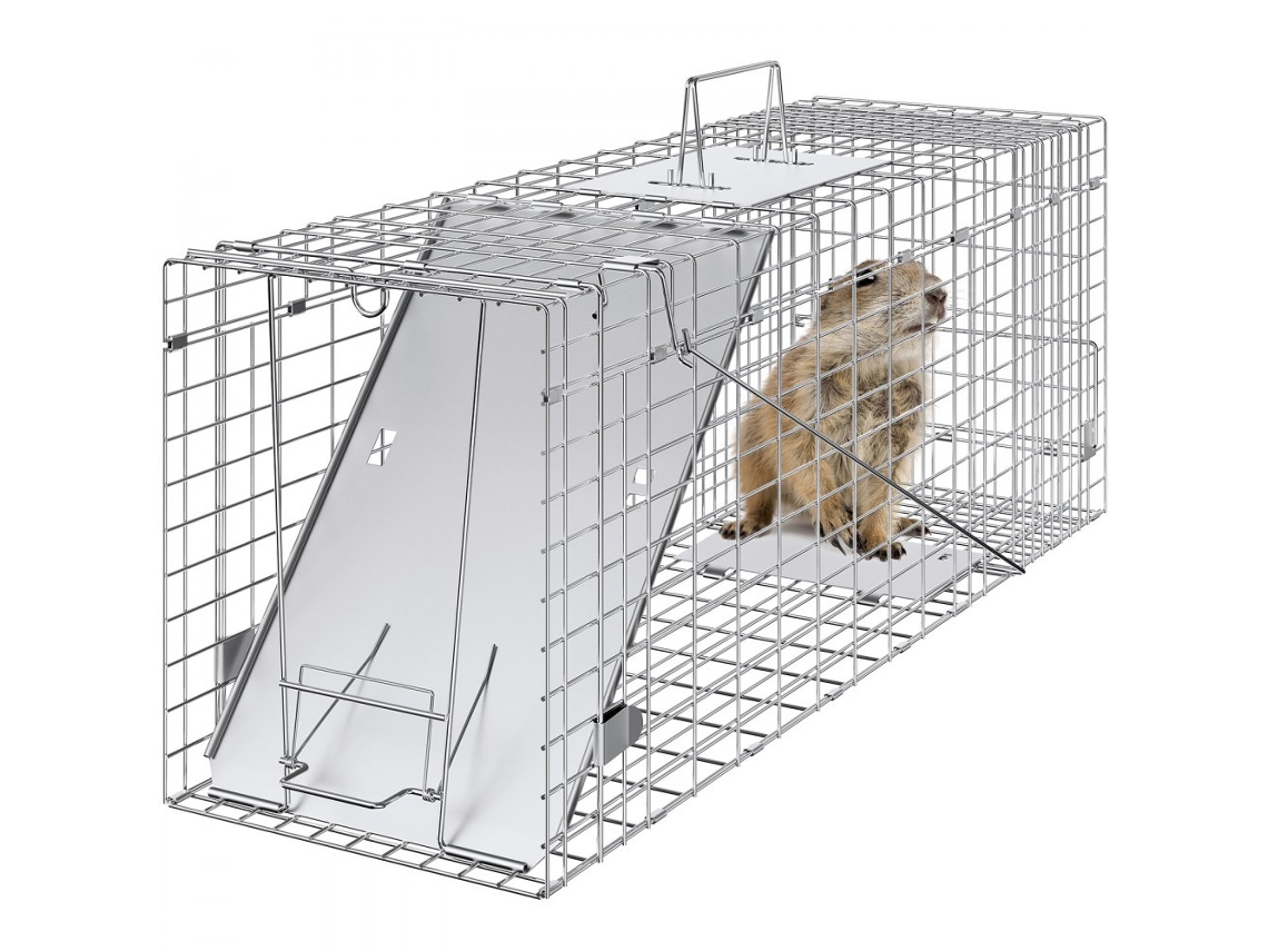 Trampa para animales de 785 mm con 2 entradas, jaula metálica resistente y trampa para gatos, tejones y mapaches Tekmaquinas