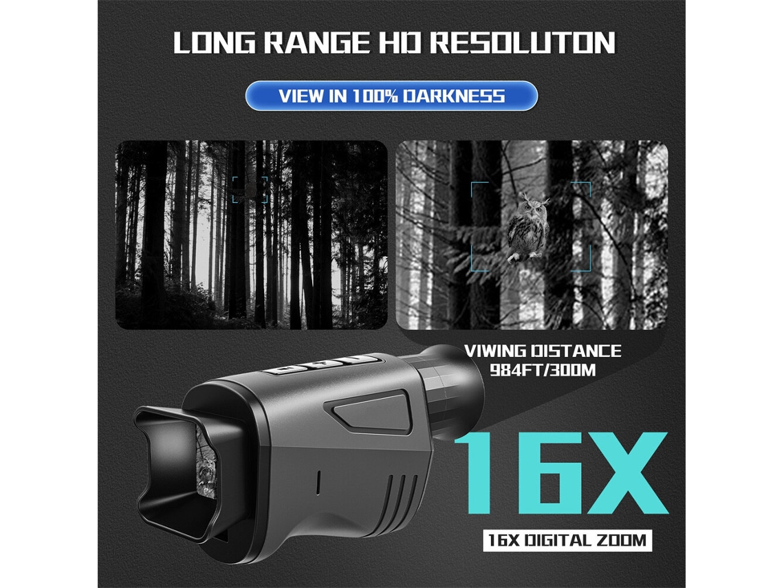 Preto Ipree Monocular 1080p Hd Zoom Digital 16x Ajuste Brilho 7 Níveis Visão Nítida 300m Escuridão Total Atividades Noturnas Óculos Visão Noturna