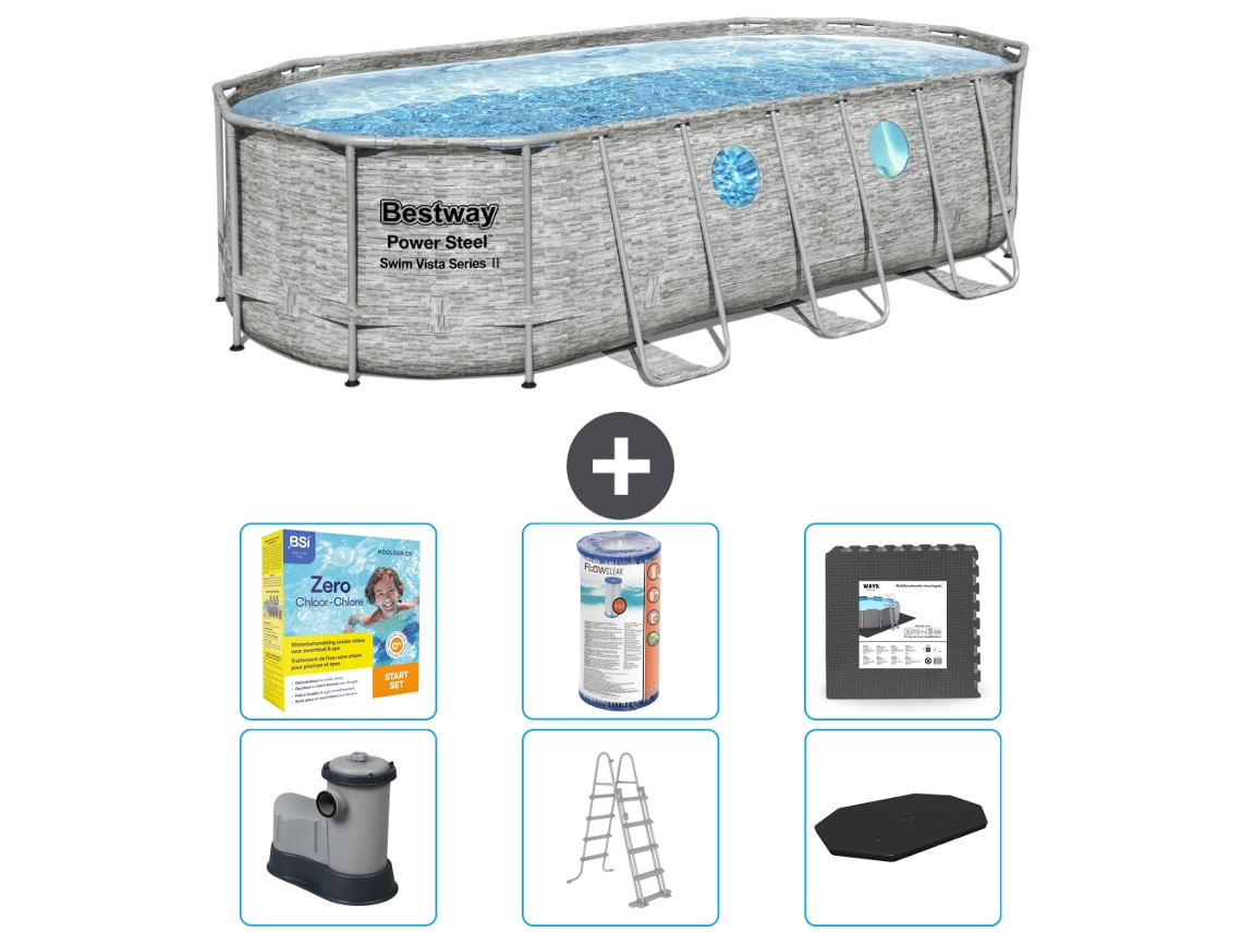 Piscina BESTWAY Oval Power Steel Swim Vista - Estampado Piedra - 549 x 274 x 122 - Incluye Bomba - Escalera - Cobertor Accesorios CB35