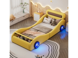 Cama Infantil Coche 90x200 Cm, Tapizada Pu, Ruedas Led, Almacenamiento Integrado, Diseño Infantil Amarillo, Colchón No Incluido.