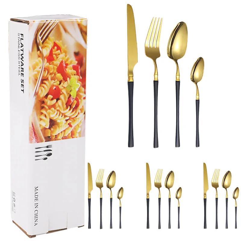 Cubiertos de acero inoxidable, incluyendo cuchillo y tenedor para carne y cuchara de postre. MDUG (dorado y negro)