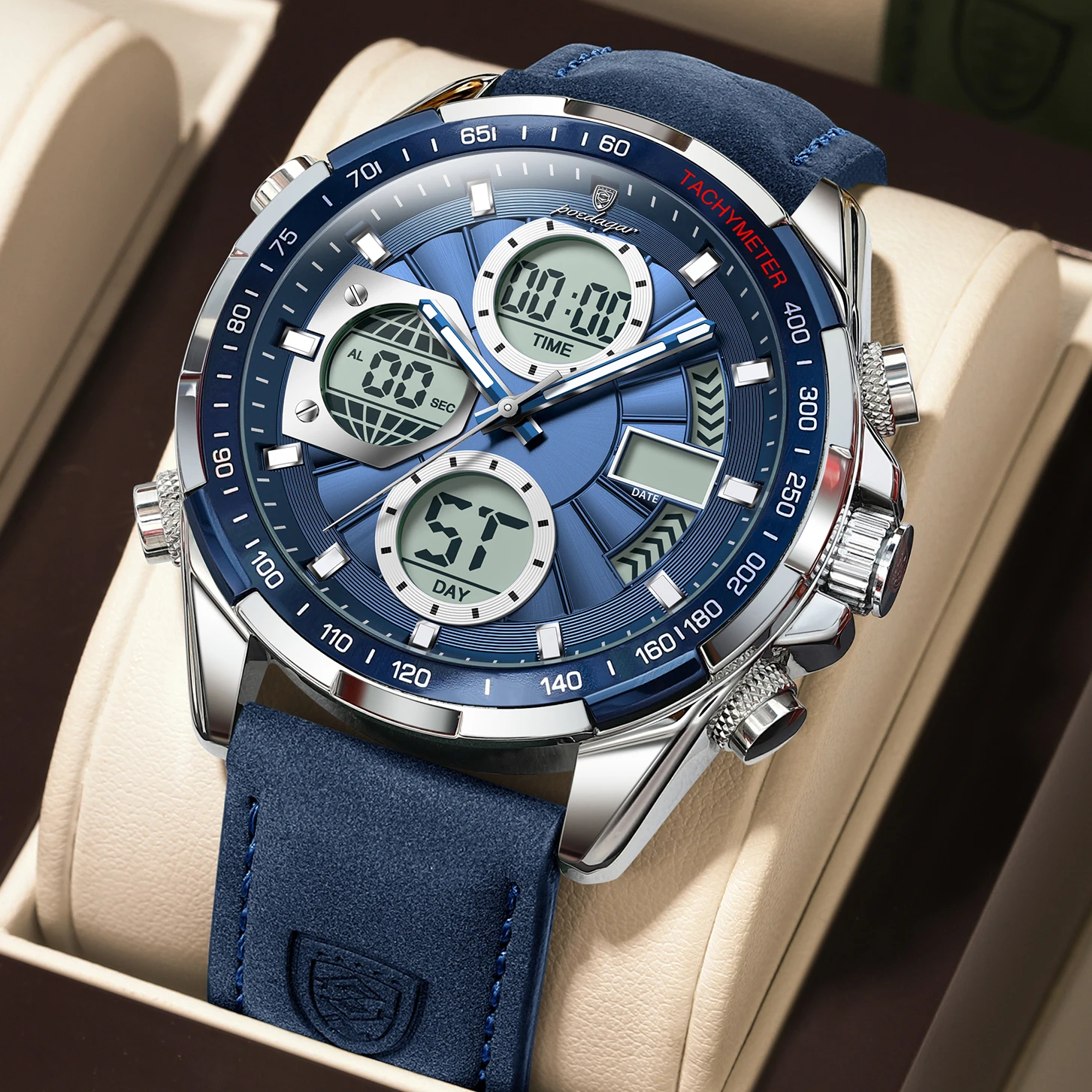 Reloj De Caballero Con Caja Plateada Y Esfera Azul, Agujas Luminosas, Indicador De Día Y Fecha Con Doble Zona Horaria.