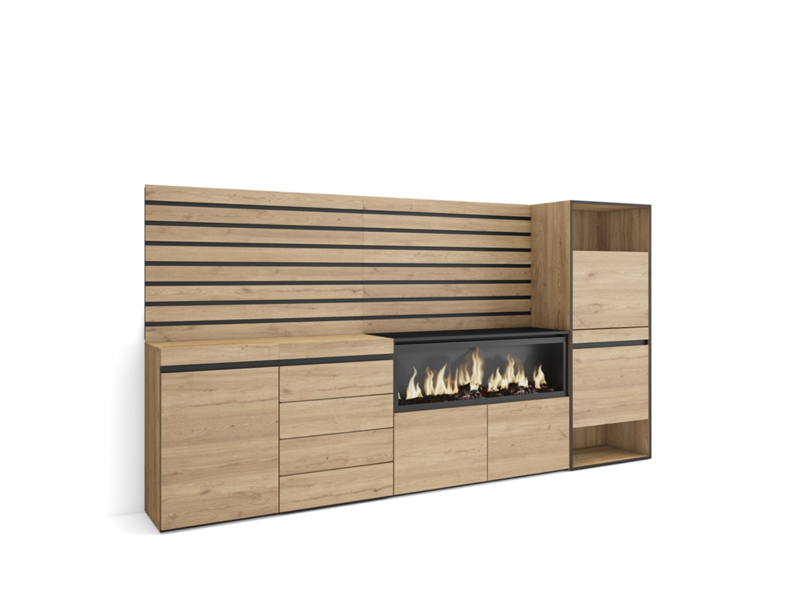 Aparador, Buffet | Amplio espacio de almacenaje | 274x145x35 cm | Para dormitorio | Chimenea eléctrica XXL | Cómoda | Zapatero | Roble Duérmete Online