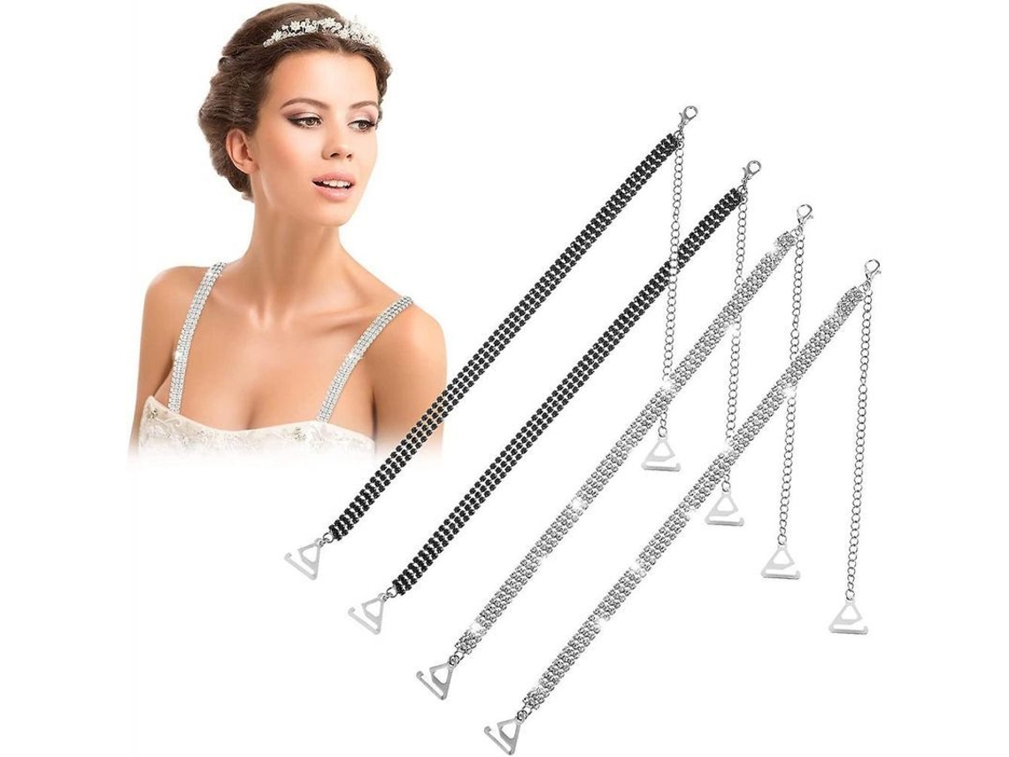 Cintas De Sujetador Con Strass Ajustables Antideslizantes Para Mujer, 2 Pares, Color Negro Y Plata