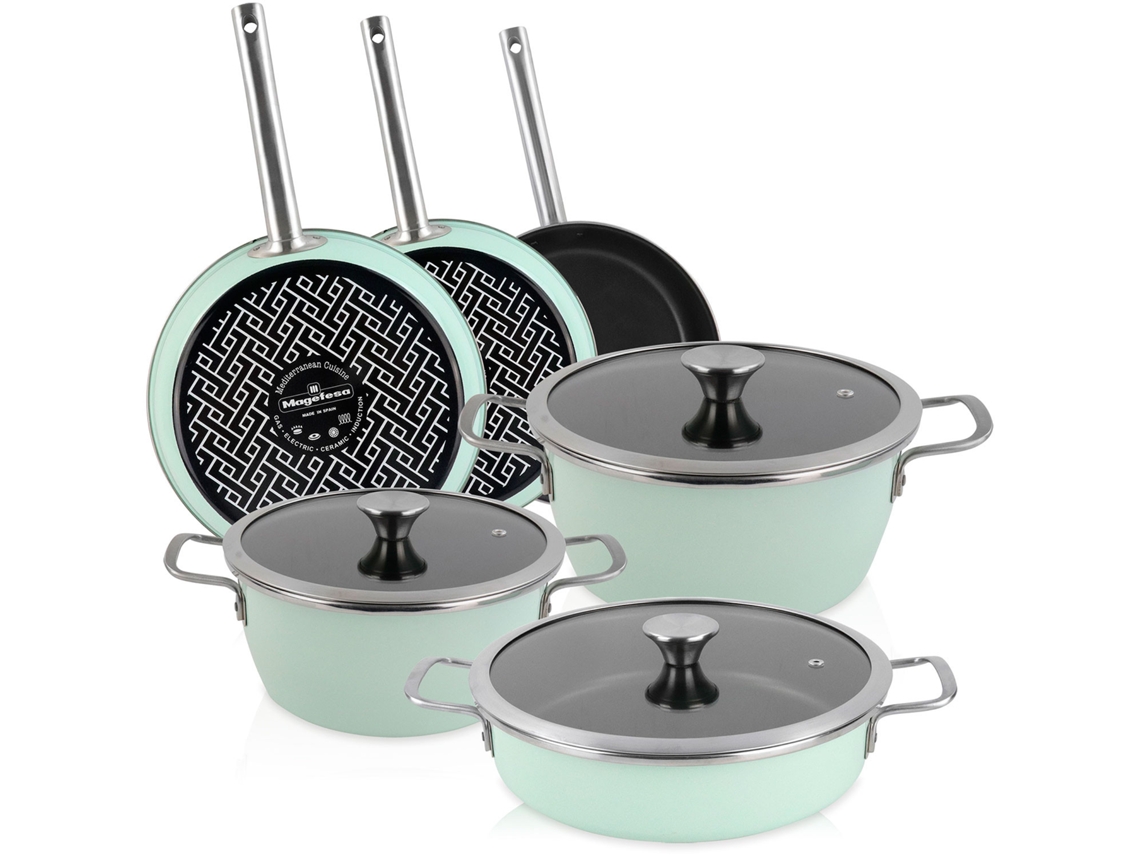 Batería Cocina Inducción 9 Piezas, Antiadherente Libre Pfoa Exterior Verde Menta Retro Vintage Magefesa Nordic Verde