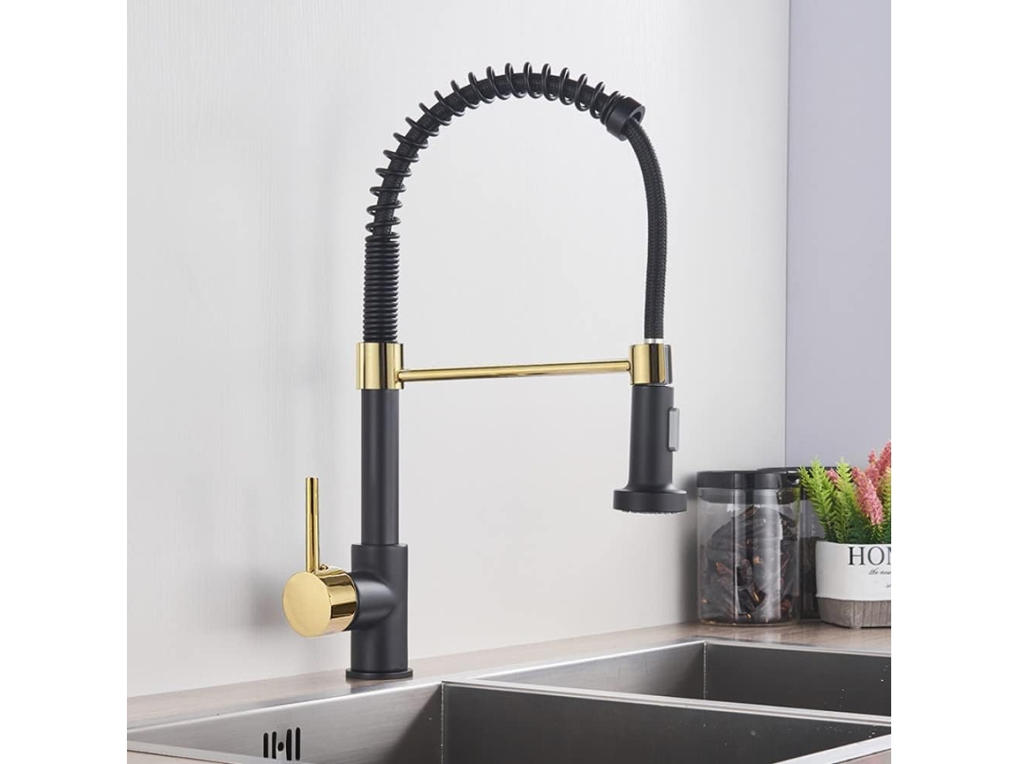 Grifo De Cocina Negro Mate Con Una Manija De Agua Fría Y Caliente Con Resorte.