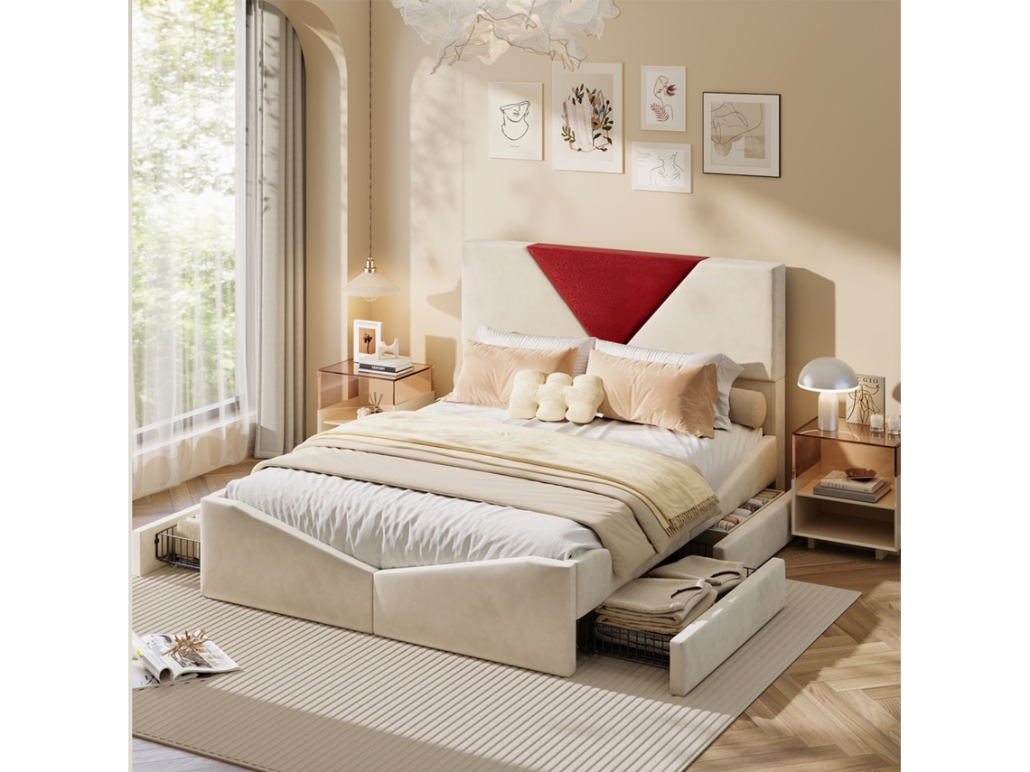 Cama Doble Moderna De 160 X 200 Cm, Tapizada Con 4 Cajones, Somier De Láminas, Tela De Terciopelo, Color Beige, Colchón No Incluido