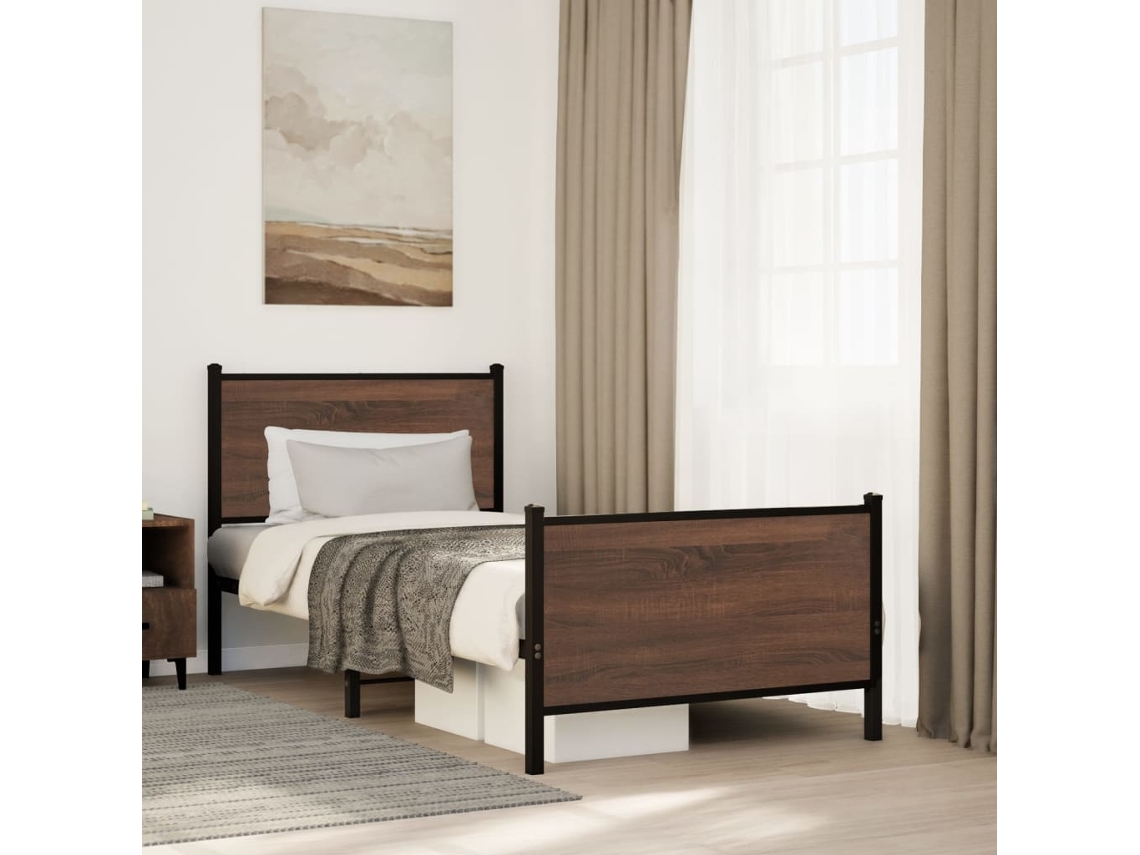 Estructura De Cama Sin Colchón Metal Marrón Roble 90x200 Cm