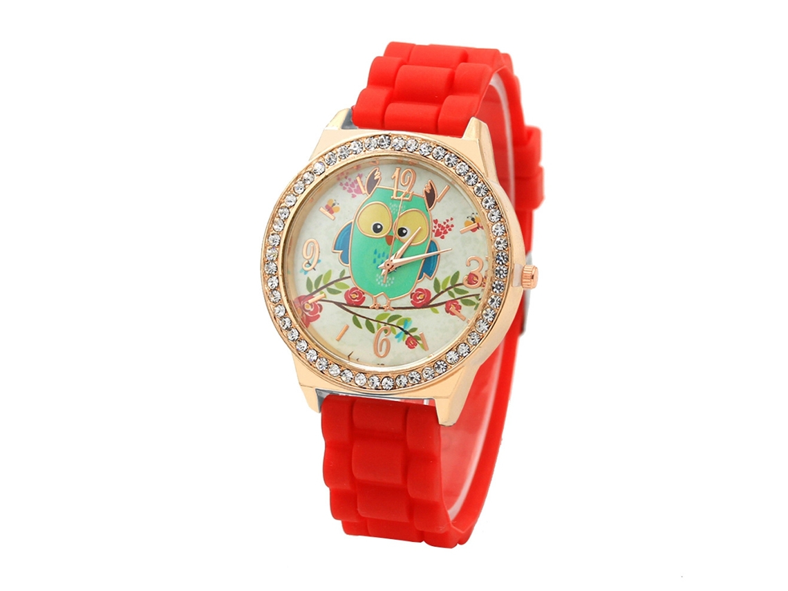Reloj De Muñeca Femenino Con Dial Redondo, Patrón De Búho Y Strass, Correa De Silicona Rojo