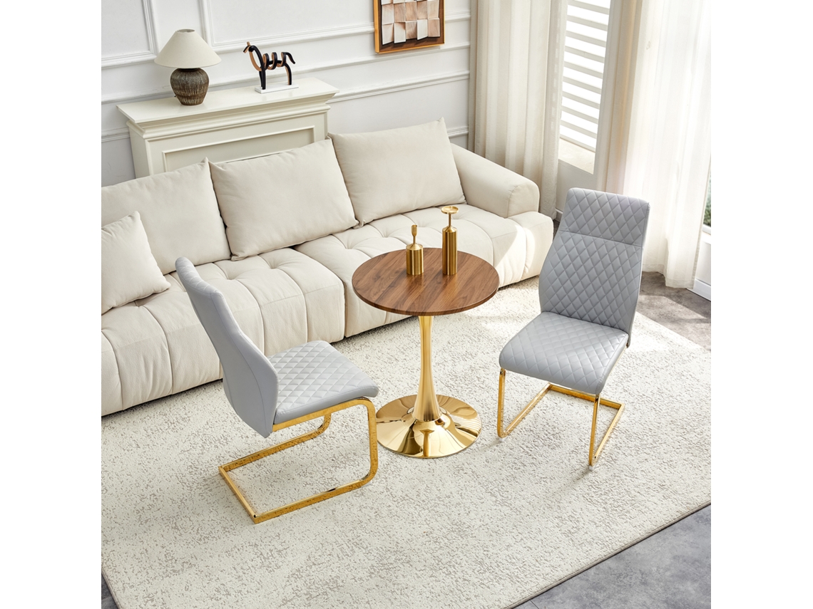 Conjunto De Mesa De Madera De Nogal (60 Cm) Con Patas Doradas Y 2 Sillas Gris Claro Con Detalles De Diamantes Dorados.