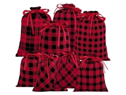 8 Bolsas De Regalo Navideñas Con Estampado De Tartán Búfalo Y Cordón Ajustable Para Fiestas Y Envío De Regalos.