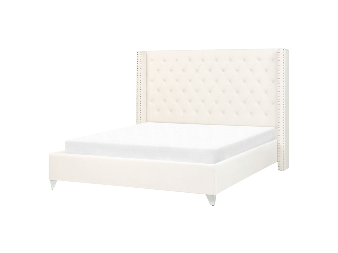 Cama con somier BELIANI Lubbon de Terciopelo Blanco 189x215x142