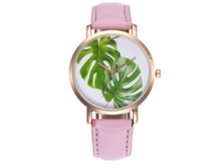 Reloj De Pulsera De Cuarzo Para Mujer Con Correa De Piel Sintética Con Estampado De Hojas Rosas.