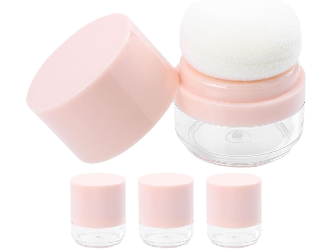 Juego De 4 Envases Miniatura Vacíos Para Polvos, De Plástico Rosa Ligero, Con Borla Recargable,