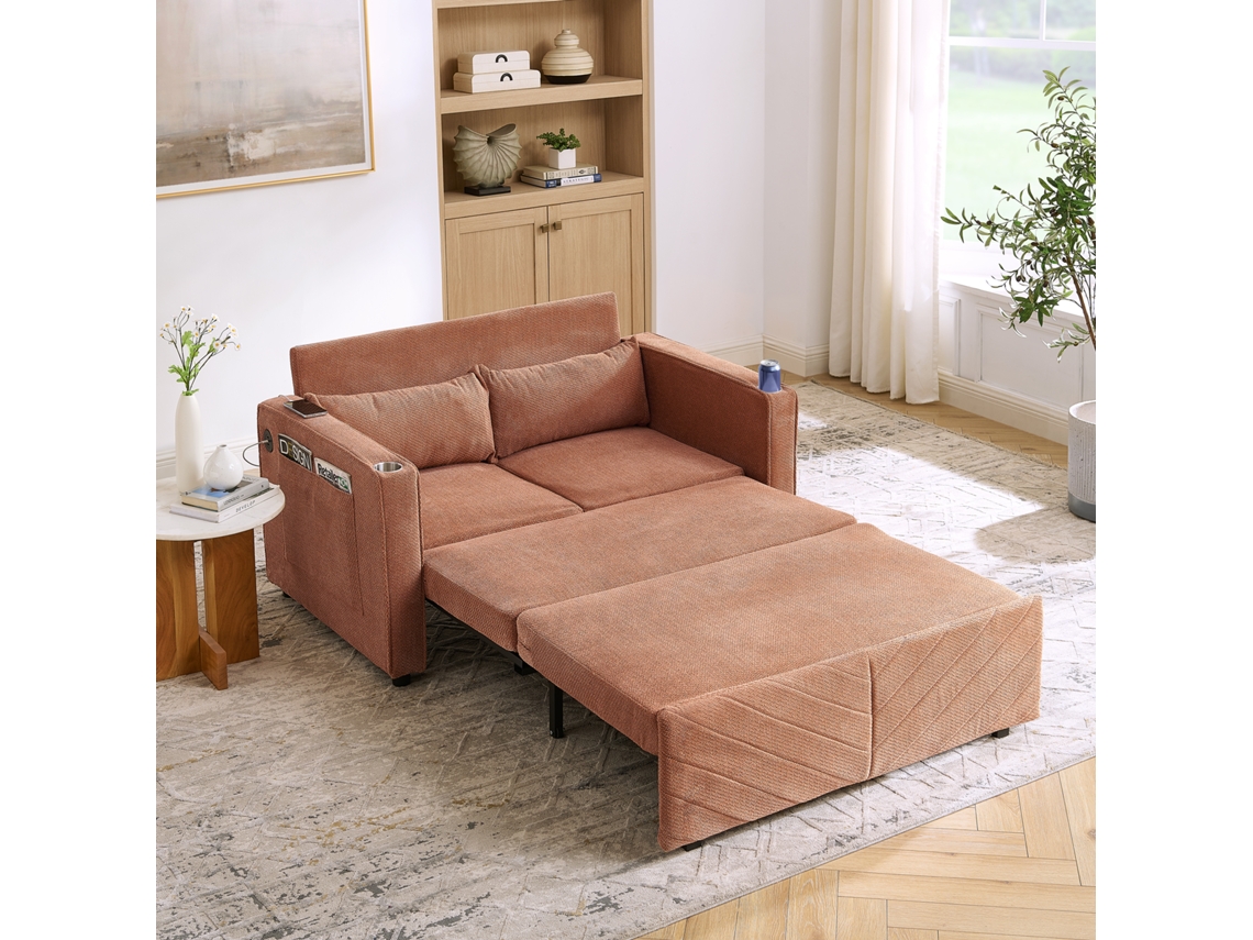 Sofá cama de 2 plazas - Diseño deslizante, puerto USB, ideal para relajarse - Naranja