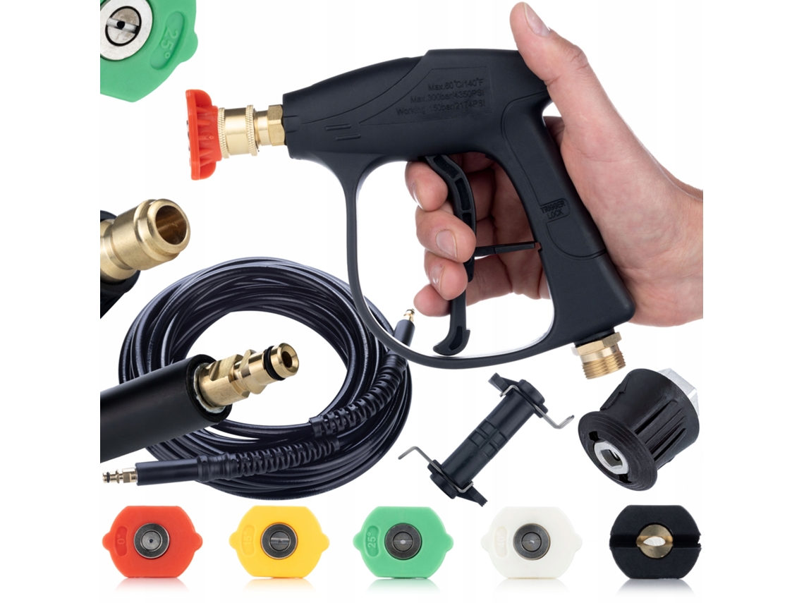 Kit de accesorios para hidrolimpiadora – Pistola de 300 bares | 5 boquillas | Manguera Click-click de 8 m | Adaptador M22