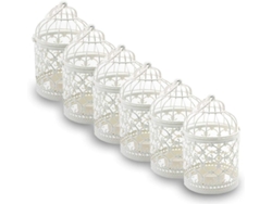 Farol decorativo de metal con forma de jaula de pájaros, vela, vela de té, decoración de mesa para el hogar, candelabro de hierro, farol colgante de nieve (6 unidades, blanco)