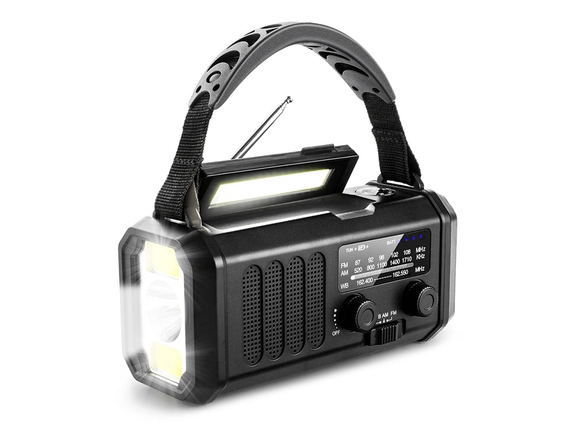 Radio de emergencia portátil Viewleaf con 10000 mAh, FM/AM/NOAA, energía solar, manivela, linterna LED, alarma SOS y batería externa.