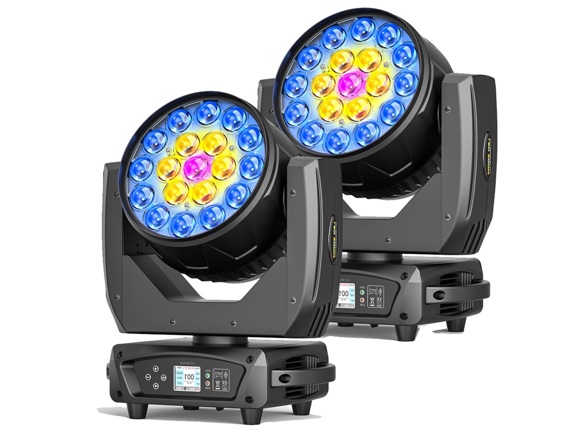 Luz móvil, 19 LED RGBW de 15 W, zoom de 10-55°, temperatura de color de 2400-8500 K, color negro, enchufe OEM