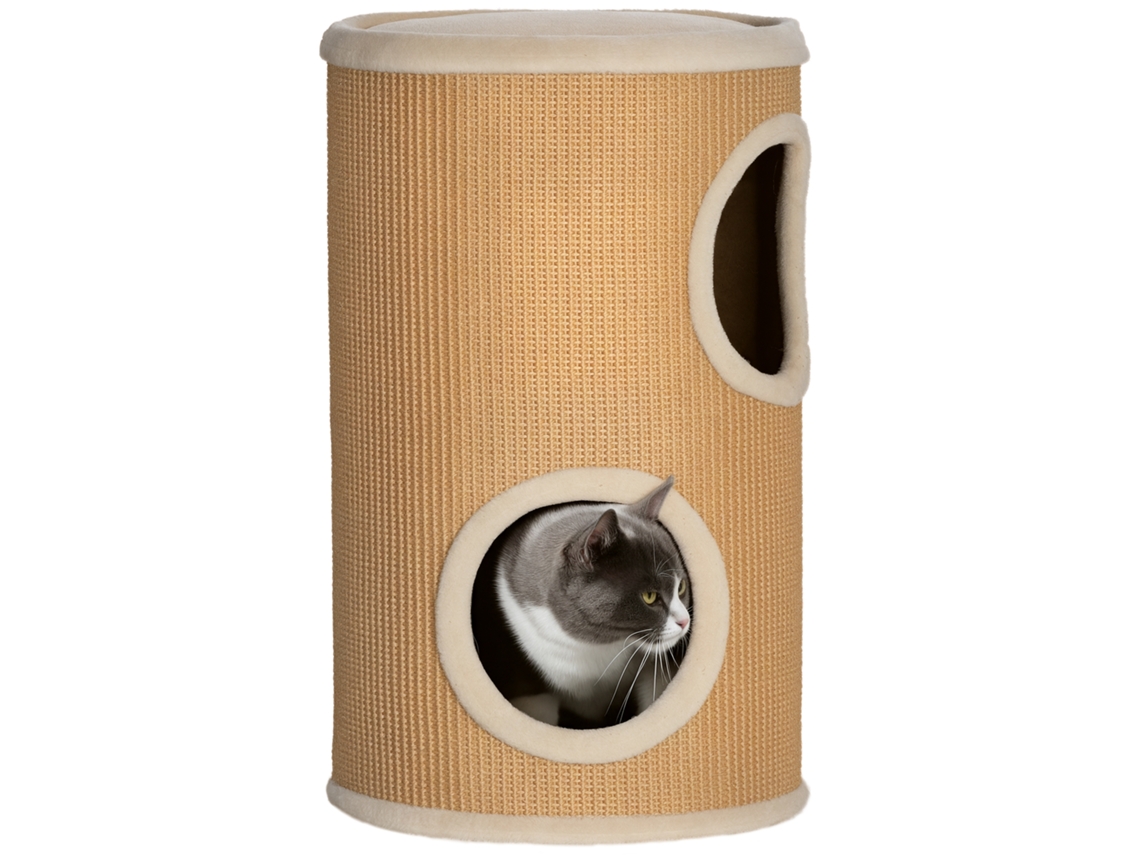 Torre rascador para gatos de dos pisos con revestimiento de sisal, casita pequeña con camas suaves, acabado marrón.