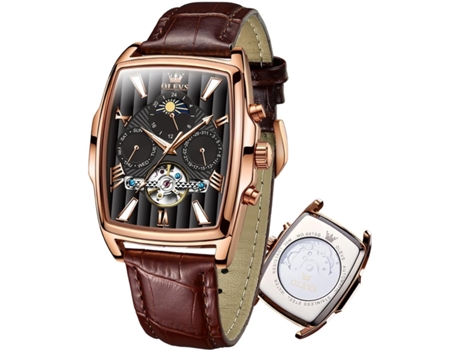 VEANXIN Reloj de cuero Tonneau rectangular vintage hueco luminoso impermeable fase lunar automático para hombre(oro rosa)