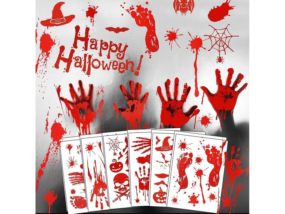 Pegatinas Decorativas Sangrientas De Halloween (12 Unidades): Huellas Y Manchas De Sangre Para Pared Y Ventana.