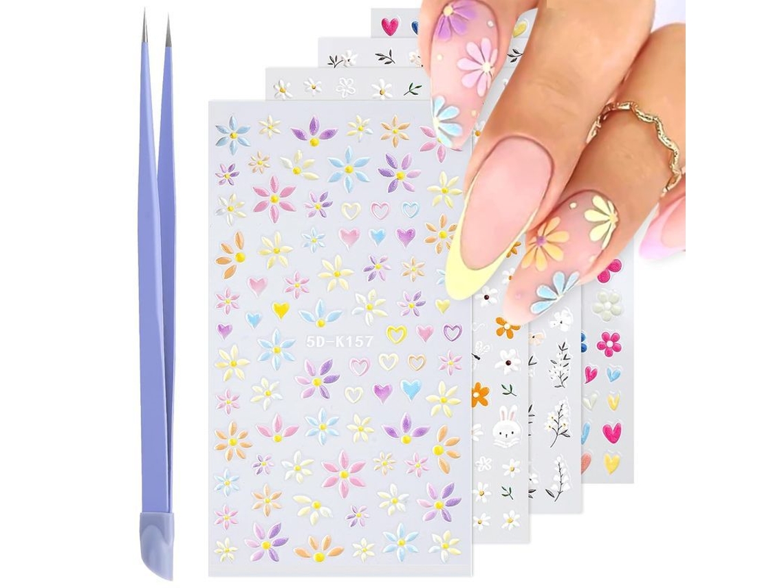 Pegatinas De Uñas Con Diseño De Flores En 3d, Calcomanías Autoadhesivas Con Pinzas Para El Diseño De Uñas.
