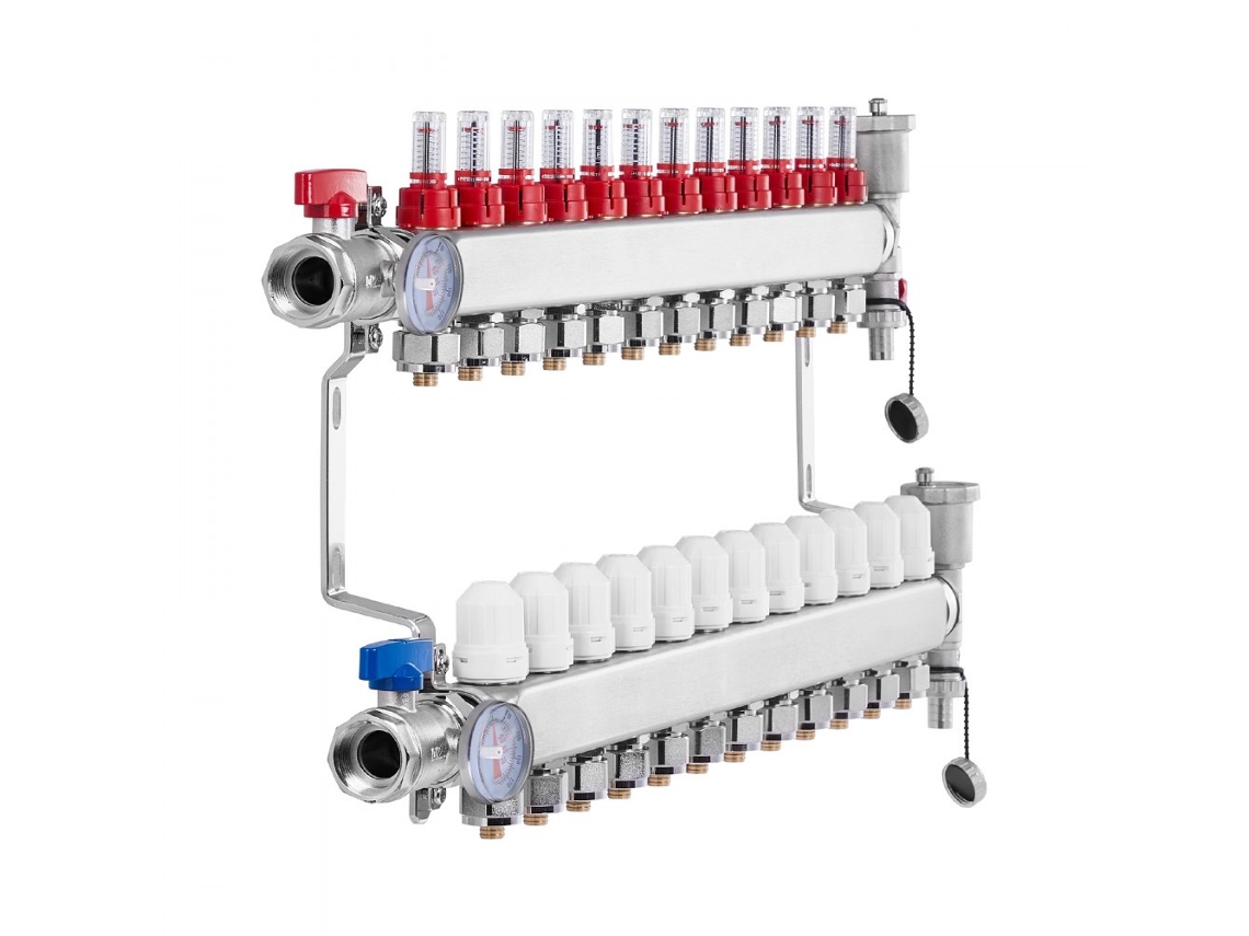 Conjunto de colector radiante de acero inoxidable de 12 vías con termómetros y accesorios Tekmaquinas