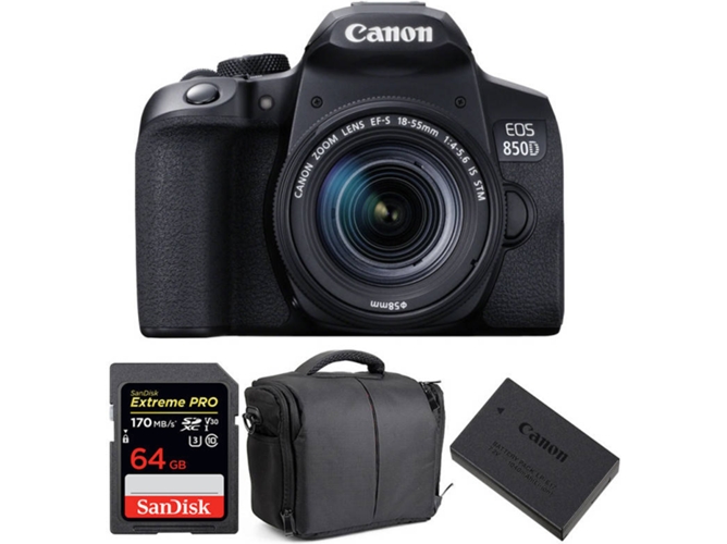Kit Cámara CANON EOS 850D + EF-S 18-55mm f/4-5.6 IS STM + SanDisk 64 GB + Batería + Bolsa (APS-C)