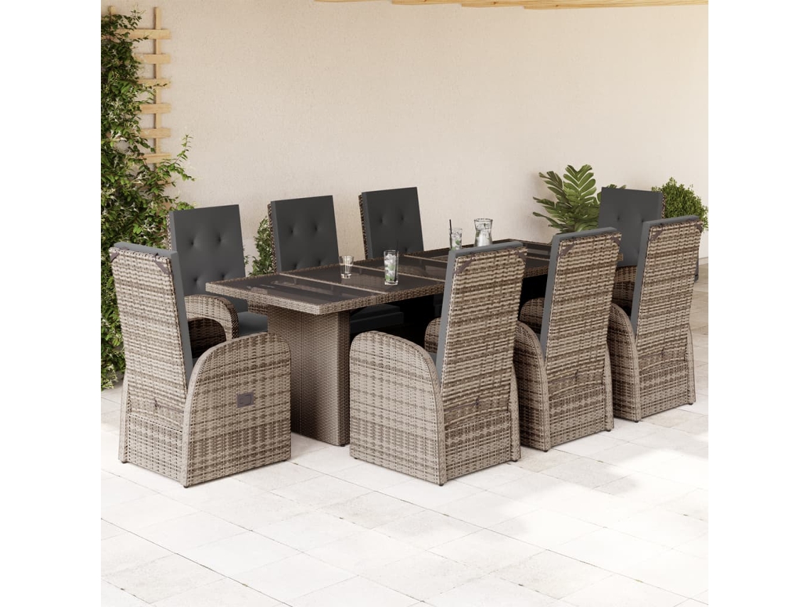 Juego de comedor de jardín de 9 piezas DKD Home Decor con cojines de mimbre gris